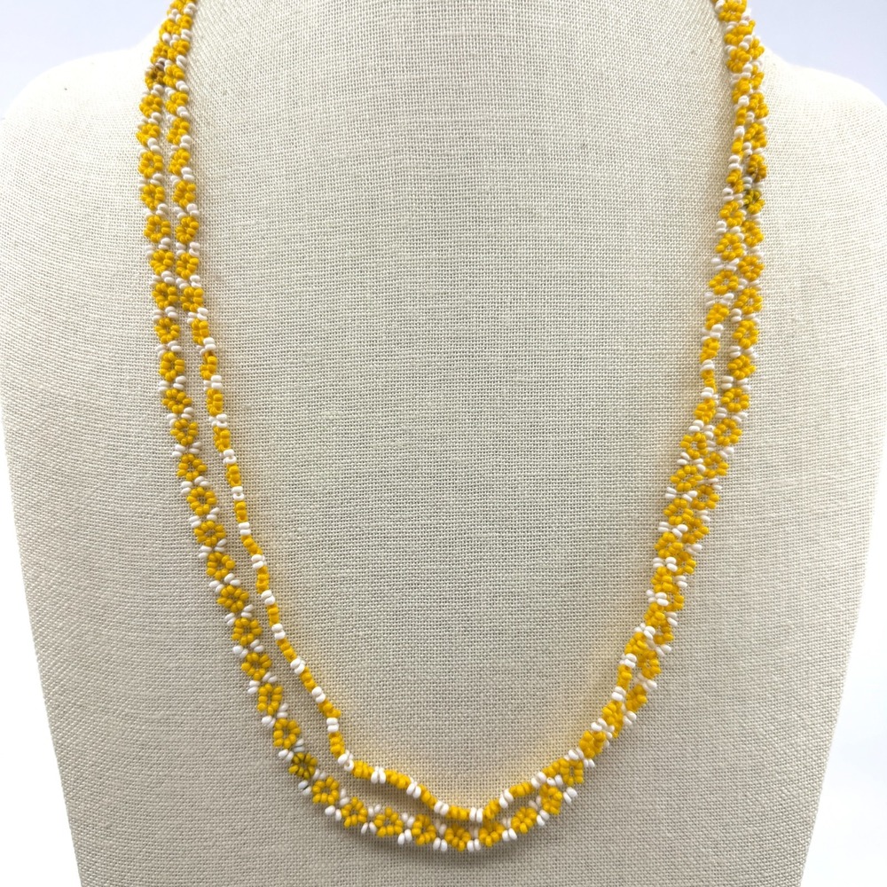 Yellow White Seed Bead Flower Extra Long Necklace Boho Cottagecore Statement